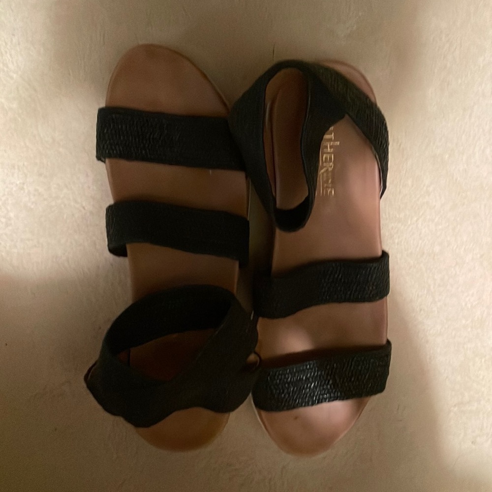 Catharine Malandrino sandals - black straps with white and tan base.